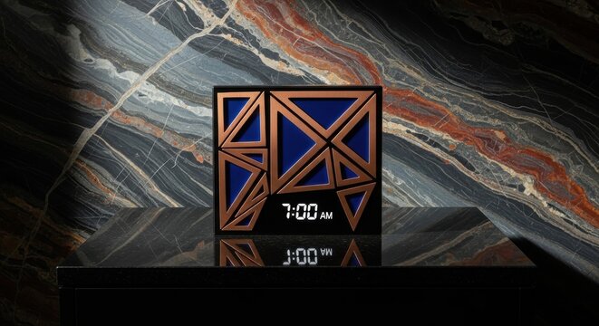 Modern Geometric Alarm Clock Displaying 7 00 AM with a Copper Frame and Blue Digital Face