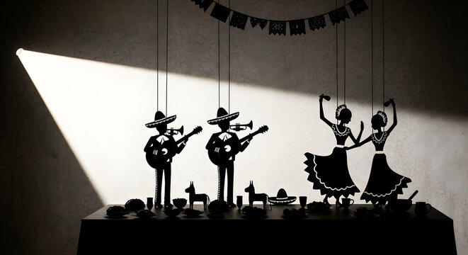Three marionette musicians and dancers perform on a stage with instruments.