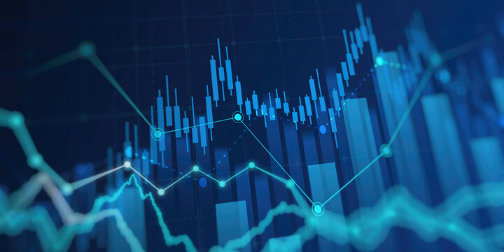 Technology financial graph with uptrend technology bar chart of stock market on blue color background