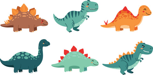 Cartoon Dinosaur Vector Illustration Collection Featuring Stegosaurus, Tyrannosaurus, Sauropods, and Playful Prehistoric Creatures for Children’s Education, Games, and Creative Design Projects © MSTSULTANA