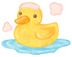 お湯に浮かべたかわいいお風呂のアヒルのイラスト © shiori