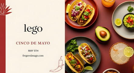 Fototapeta premium A vibrant Cinco de Mayo celebration with tacos, avocados, and drinks on a red table.