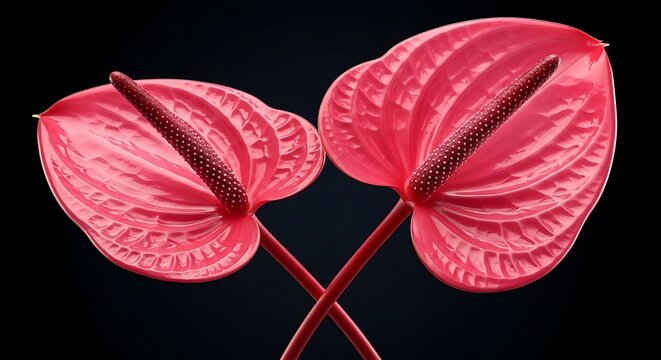 Macro photography of two vibrant pink Anthurium flowers with prominent spadices crossed against a solid black background. High resolution, premium botanical portrait highlighting glossy textures and e