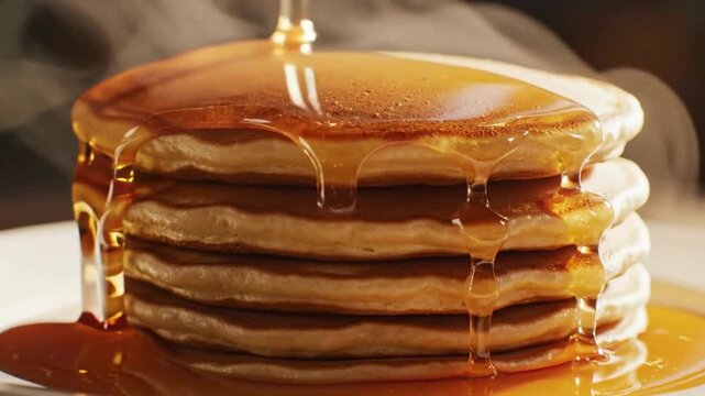delicious honey or maple syrup pouring over a stack of fresh hot pancakes with steam