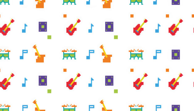 Colorful musical instruments pattern with guitars and notes on white background  
