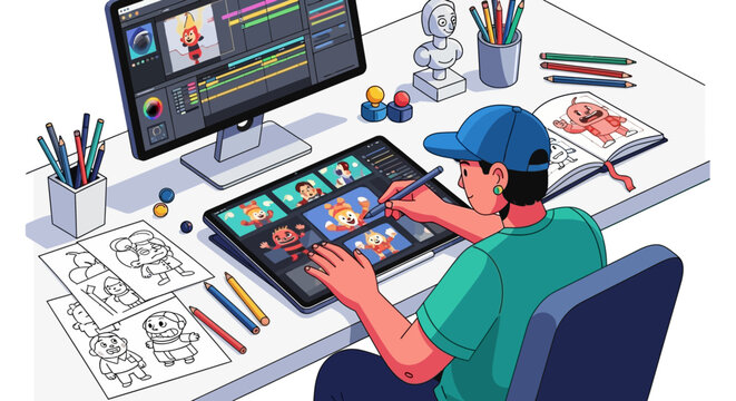 Young animator working on digital tablet and computer.