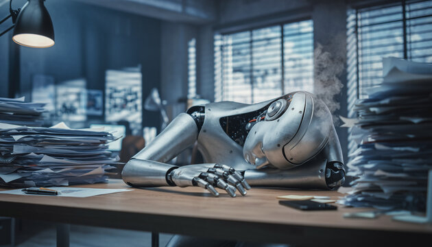 Overheated humanoid robot resting head on desk amidst rising smoke and office clutter