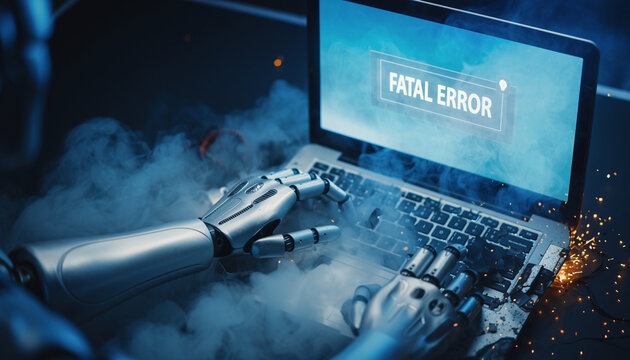 Frustrated robot typing on a smoking laptop with sparks flying from keyboard