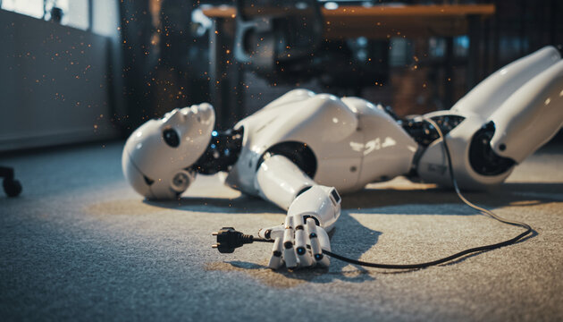 Depleted robot collapsing on office floor holding a disconnected power cable