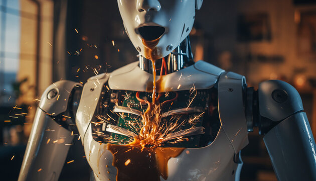 Clumsy robot spilling coffee on itself causing electrical sparks and panic