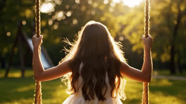 Happy girl swinging in a park at golden hour: a candid childhood moment depicting joy, outdoor leisure, and summer recreation in nature. Featuring a young child
