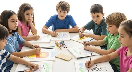 Fototapeta premium Diverse group of children engaged in a creative art class at a table.