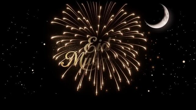 Eid Mubarak Greeting with Gold Fireworks and Crescent Moon at Night