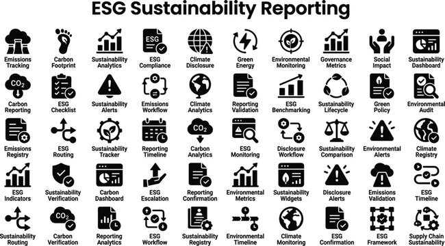 ESG sustainability reporting icon set with environmental governance compliance analytics monitoring disclosure editable vector collection corporate responsibility systems