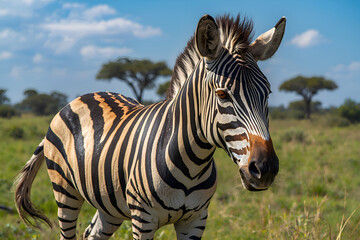 Fototapeta premium Majestic African zebra standing in the vast grassy savanna plains under a bright blue sky with scattered clouds, showcasing beautiful black and white striped patterns.