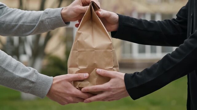 Courier Delivering Paper Bag with Order to a Customer Outdoors
