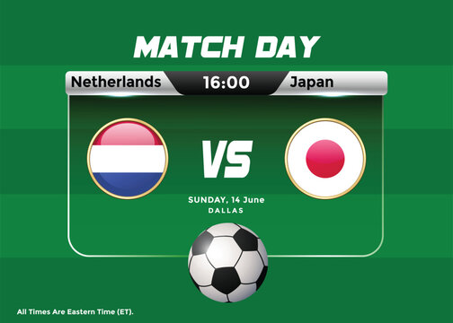 2026 World Football Tournament Netherlands vs Japan Match Schedule and scoreboard. USA, Mexico, Canada Football Championship Poster.
