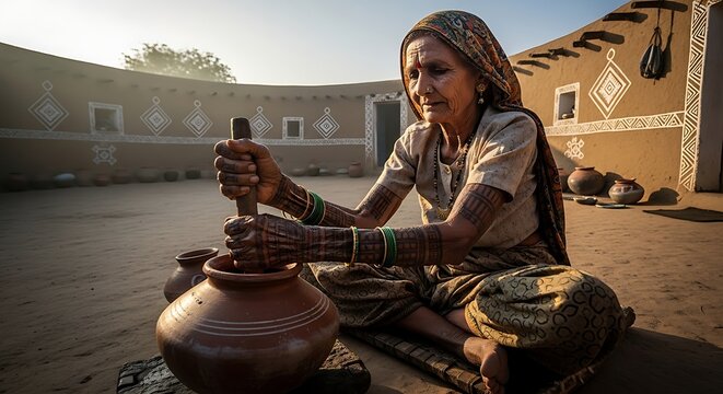 Elderly Gujarati woman working in traditional mud house courtyard