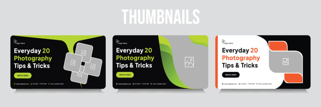 Innovative Thumbnails for Photo Tips & Tricks: A set of modern, visually appealing thumbnails tailored for video content, designed to attract viewers with captivating graphics and informative titles.