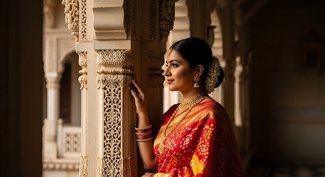 Beautiful Gujarati woman in traditional red saree at ancient palace
