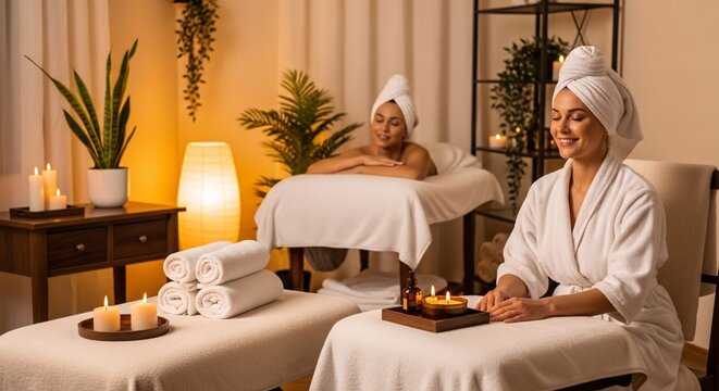 Relaxing spa with two women enjoying a massage in a tranquil, dimly lit room adorned with candles and plants