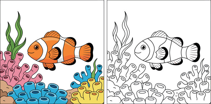 Cute Cartoon Clownfish Swimming in a Colorful Coral Reef with Seaweed, Vibrant Underwater Ocean