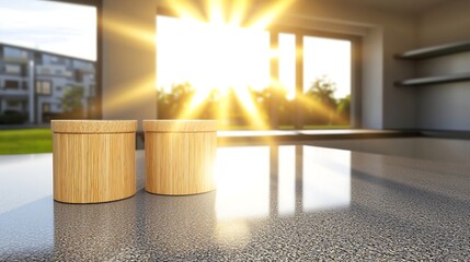 Obraz premium Bright Morning Sunlight Streaming Through Window Illuminating Bamboo Containers on Modern Kitchen Countertop