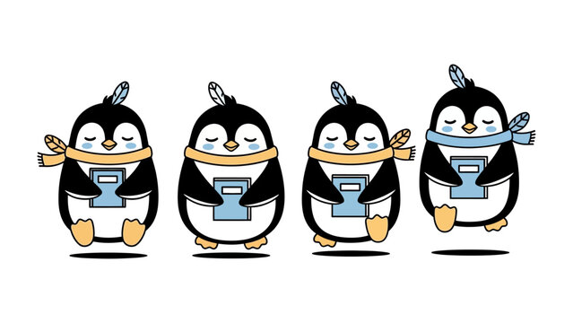 Cute Penguin in Cartoon: Playful and whimsical cartoon depicts a penguin holding a book, a delightful visual representing knowledge.