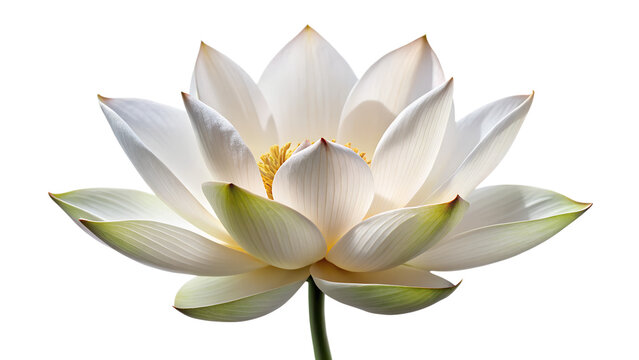 Beautiful white lotus flower with green stem isolated on white background