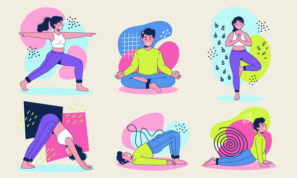 Mindful Yoga and Meditation Character Set. Vibrant Flat Vector Illustration for Wellness and Mental Health. Pop Art Style People in Zen Fitness Poses.