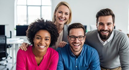 Obraz premium Four smiling professionals stand together in a modern office setting.