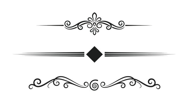 Elegant decorative dividers with vintage scroll motifs and geometric lines isolated on a white background