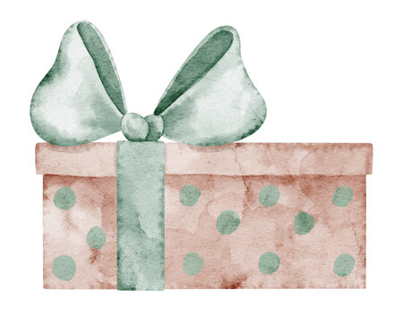 Gift box watercolor illustration with ribbon and bow in green and pink pastel tones. Hand painted Present isolated on background. Suitable for childish birthday cards, baby shower invitations.