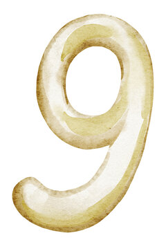Number Nine watercolor illustration in golden tones. Hand painted Digit isolated on background. Suitable for childish birthday, anniversary and celebration typography design.