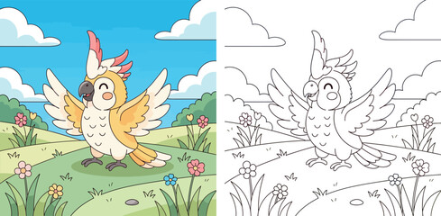 Happy Cute Cockatoo Parrot Character with Open Wings in a Sunny Flower Meadow Landscape, Children's Cartoon Illustration © MstSangita