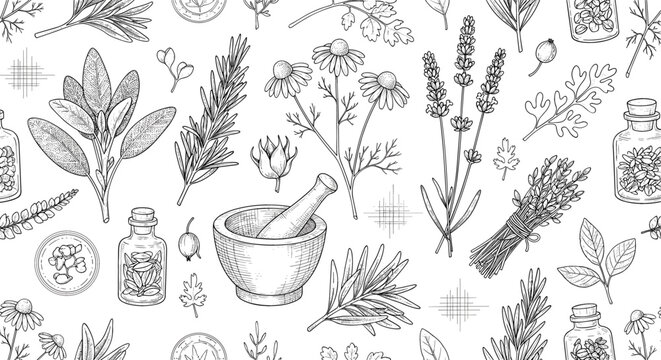 Hand drawn herbal medicine and botanical plants vector pattern featuring lavender, chamomile, rosemary, mortar and pestle and vintage medicinal herbs