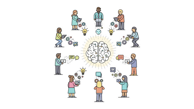 Collaborative Minds: A visual representation of a diverse group of individuals collaborating, exchanging ideas and knowledge centered around a central concept.