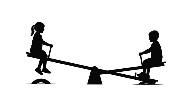 Two happy children playing together on a seesaw in this simple black and white silhouette graphic