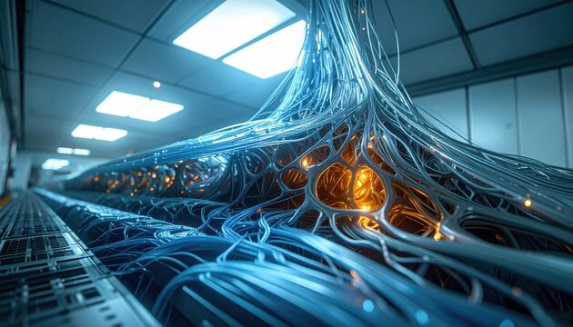 A microscopic view of an intricate superconducting filament network resembling complex neural pathways, demonstrating high tech connectivity within an advanced digital environment.