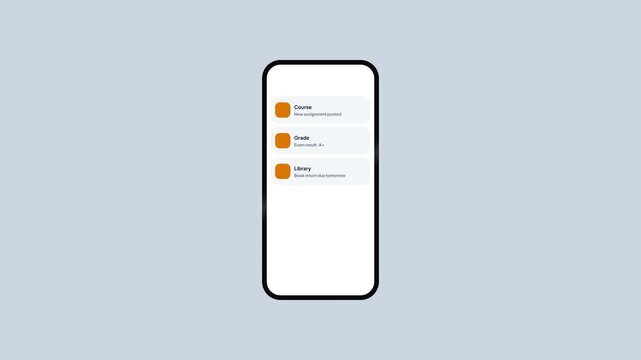Smartphone screen showing educational notifications for assignments grades library returns and upcoming tutoring sessions