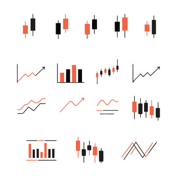 Financial Trading Charts and Graphs Set, Candlestick and Bar Data Vector Illustration