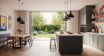 Fototapeta premium Bright and Modern Kitchen with Garden View and Island.