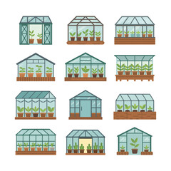 Fototapeta premium Greenhouse vector illustrations of various plant houses with glass walls