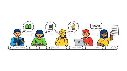 Fototapeta premium Knowledge Conveyor Belt: A vibrant illustration showcasing a knowledge conveyor belt with diverse individuals engaged in different stages of the learning and communication process.