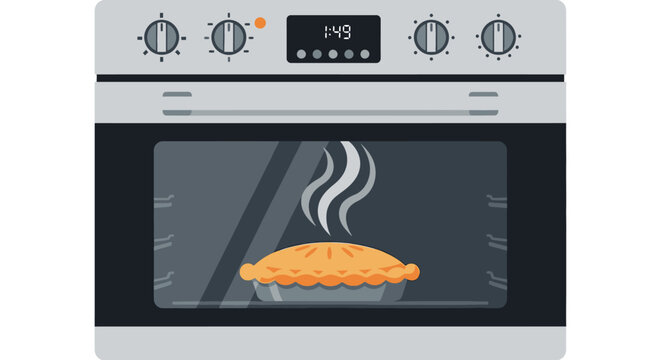 A delicious pie is baking inside a modern oven with steam rising from the pastry