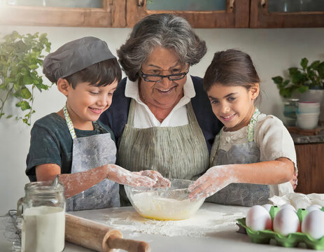 Family baking session with grandmother