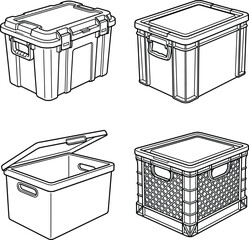 Group of vector illustrations featuring four different styles of plastic storage containers with high resolution detail.
