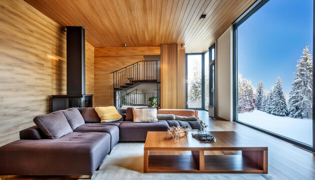Contemporary living room with forest view