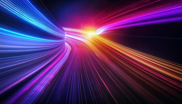 Vibrant neon curved lines with digital glow on black background