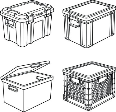 Group of vector illustrations featuring four different styles of plastic storage containers with high resolution detail.